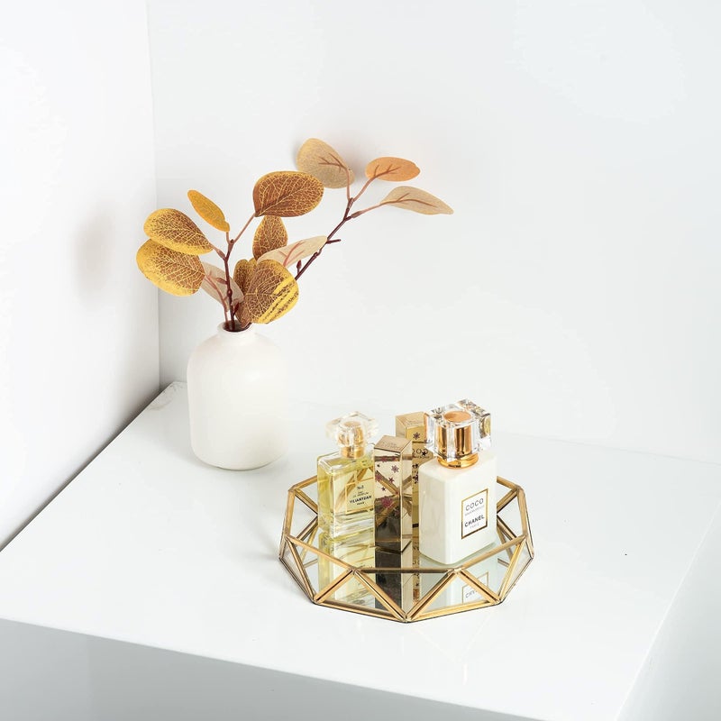 Feyarl Small Gold Glass Perfume Tray Jewelry Trinket Organizer Tray Ornate Vanity Cosmetic Makeup Display Decorative Tray for Home Decor Dresser Tabletop Countertop (7inch) - Image 3
